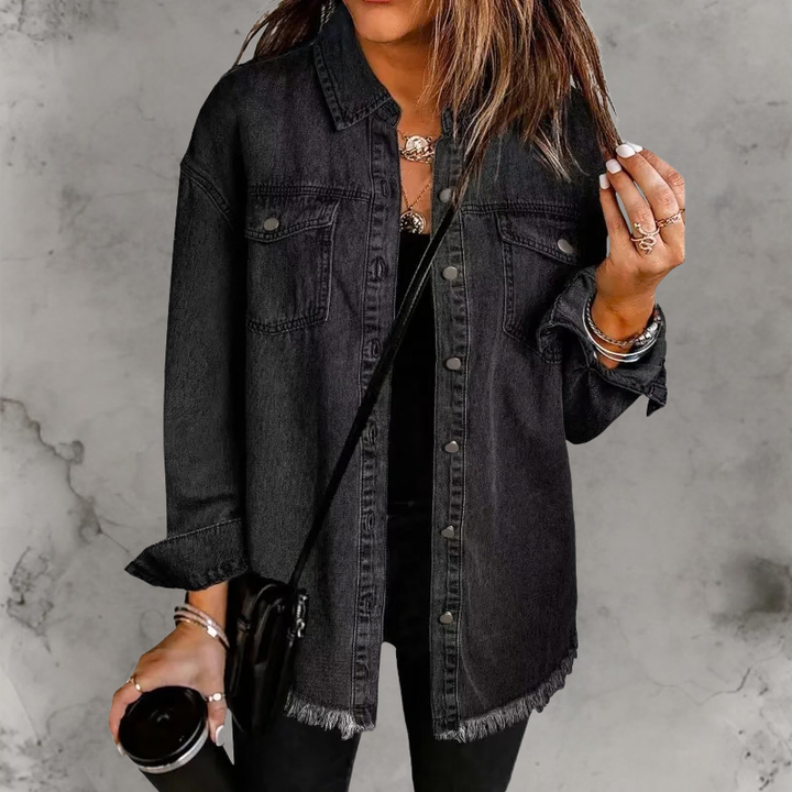 Oversized Denim Shacket with Frayed Hem and Chest Pockets