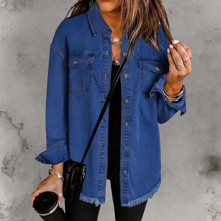 Oversized Denim Shacket with Frayed Hem and Chest Pockets