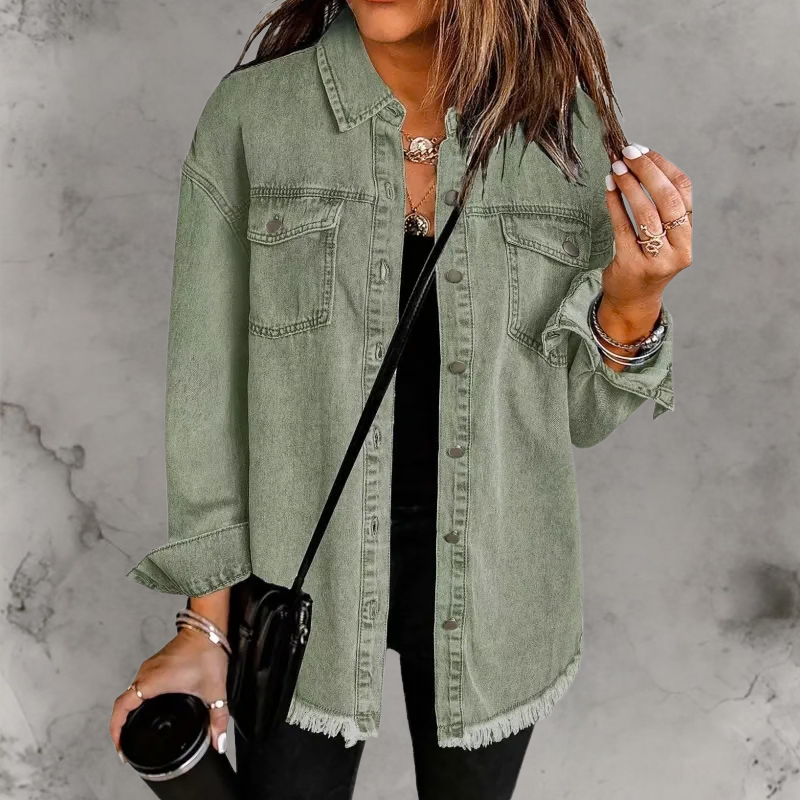 Oversized Denim Shacket with Frayed Hem and Chest Pockets
