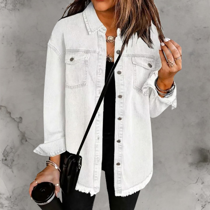 Oversized Denim Shacket with Frayed Hem and Chest Pockets