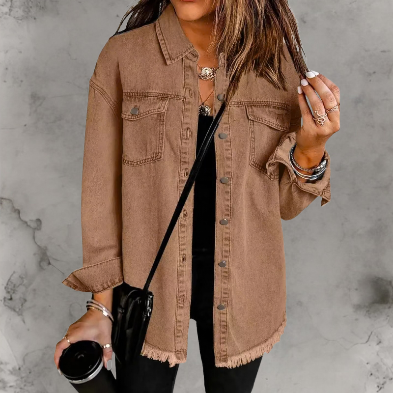 Oversized Denim Shacket with Frayed Hem and Chest Pockets
