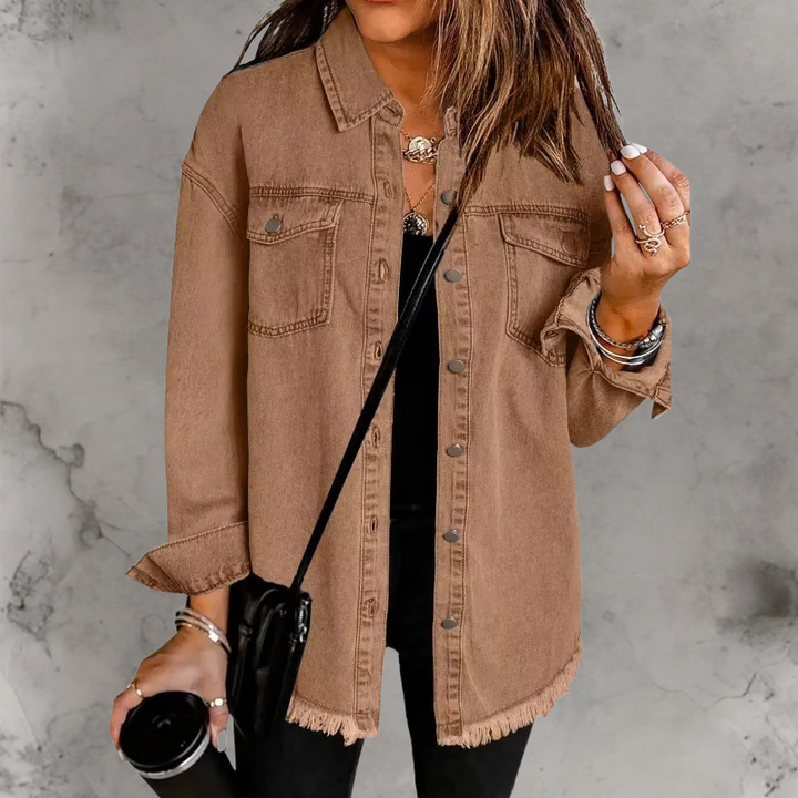 Oversized Denim Shacket with Frayed Hem and Chest Pockets