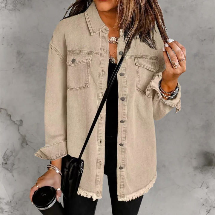 Oversized Denim Shacket with Frayed Hem and Chest Pockets