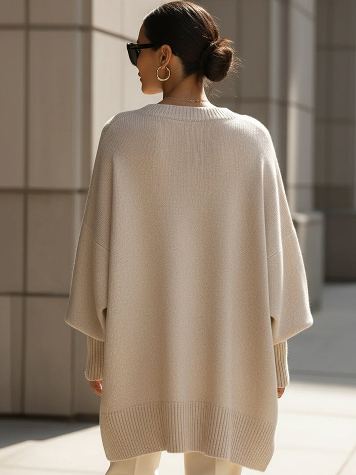 Oversized Knit Poncho Sweater with Wide Sleeves and Asymmetric Hem