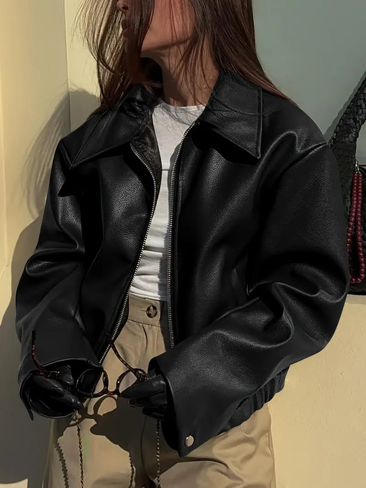 Oversized Leather Jacket with Zip Front and Elasticated Hem