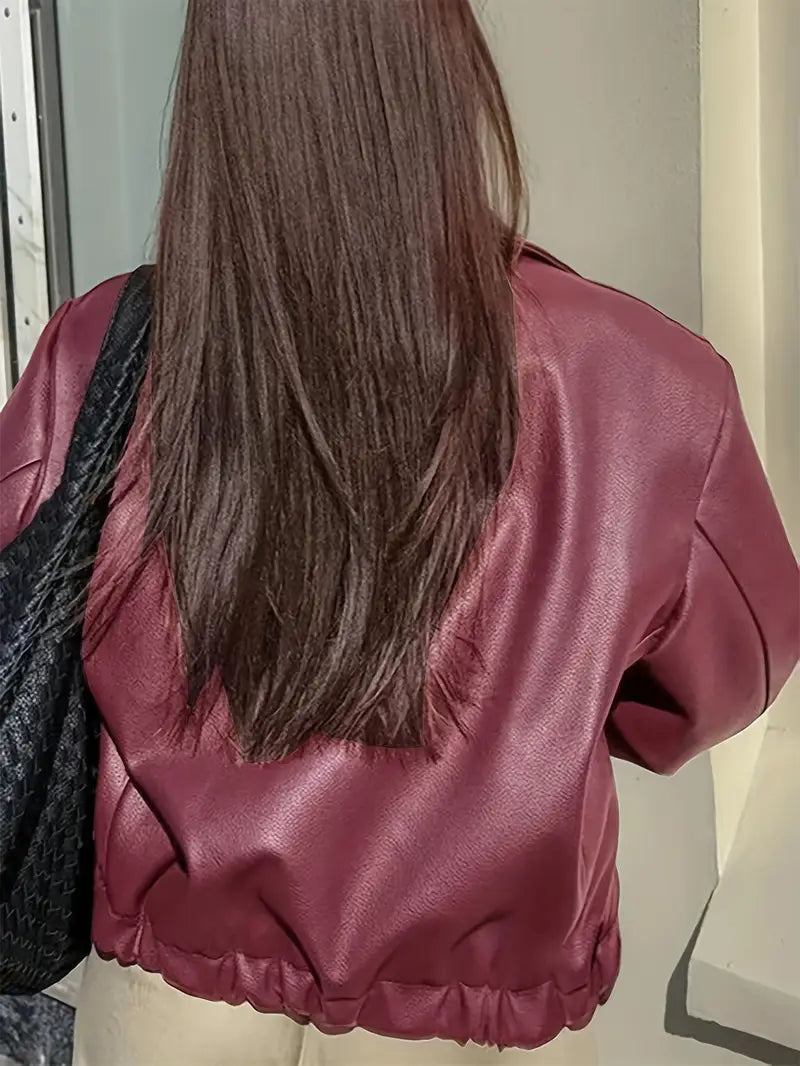 Oversized Leather Jacket with Zip Front and Elasticated Hem