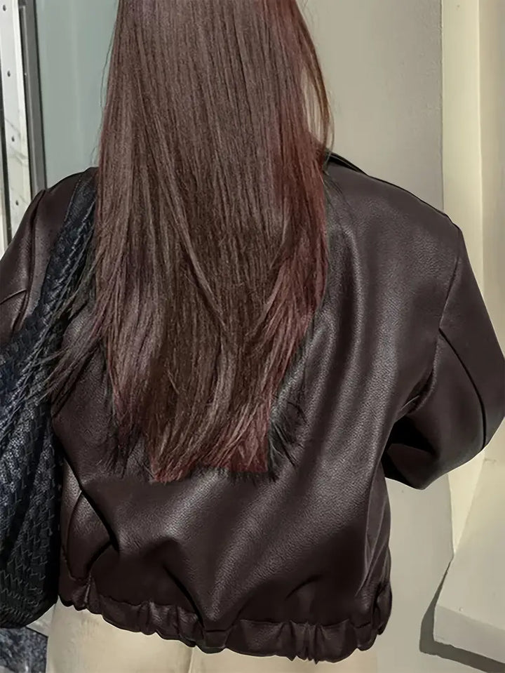 Oversized Leather Jacket with Zip Front and Elasticated Hem