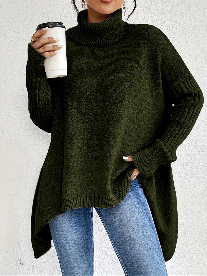 Oversized Turtleneck Sweater with Asymmetric Hem and Side Splits