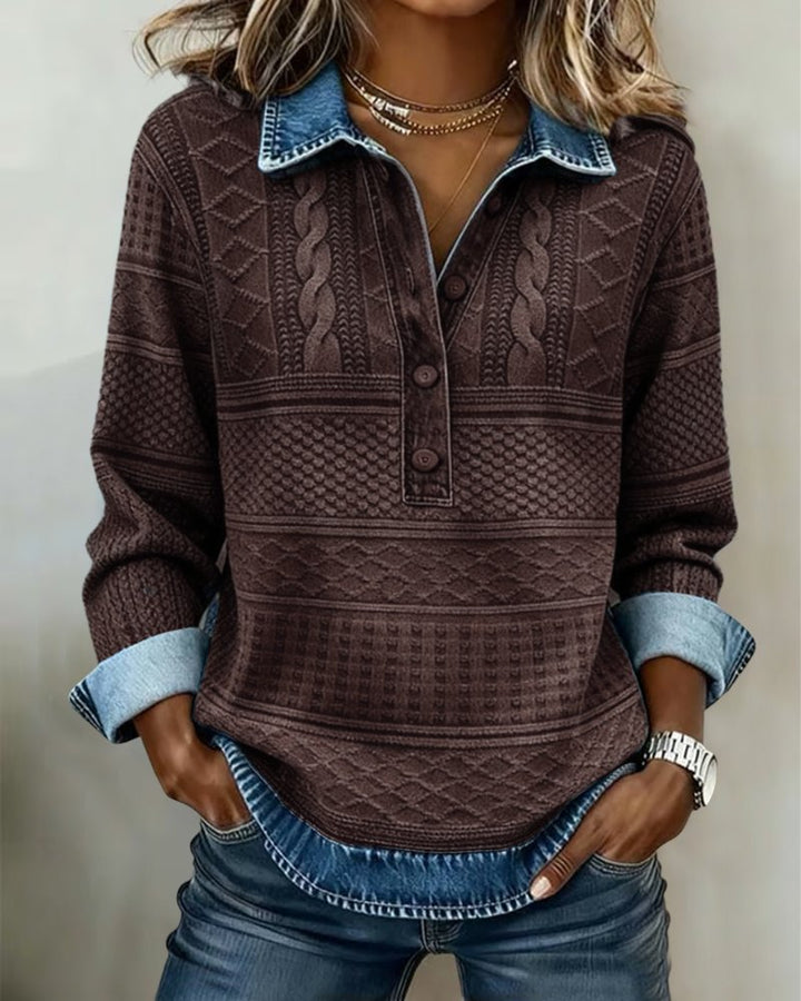 Relaxed Cable Knit Sweater with Denim Collar and Button Placket