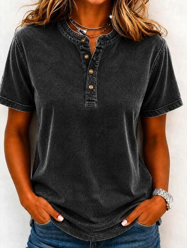 Relaxed Fit Short Sleeve Henley T-Shirt in Washed Cotton