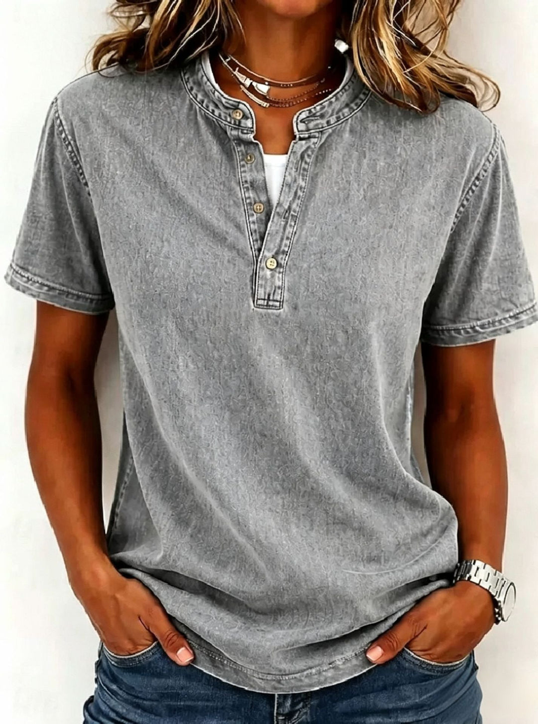 Relaxed Fit Short Sleeve Henley T-Shirt in Washed Cotton