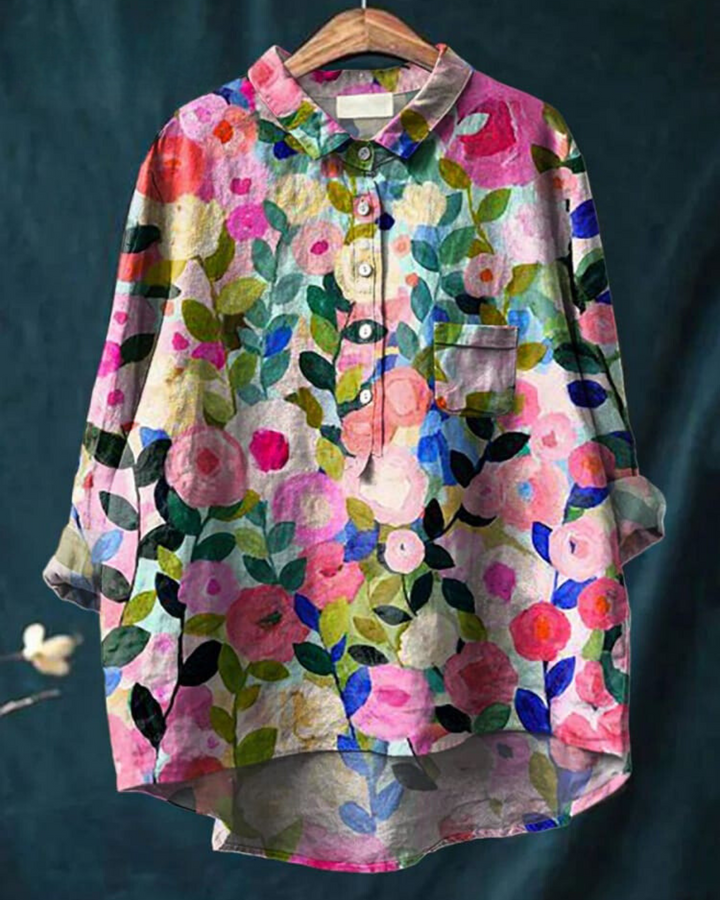 Relaxed Floral Print Linen Shirt with Long Sleeves and Chest Pocket