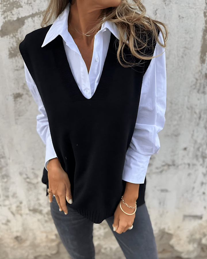 Relaxed Knit Sweater Vest with Deep V-Neckline and Ribbed Trim