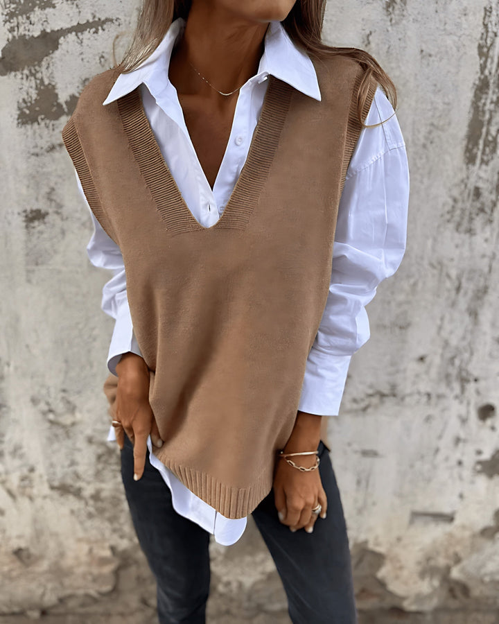 Relaxed Knit Sweater Vest with Deep V-Neckline and Ribbed Trim
