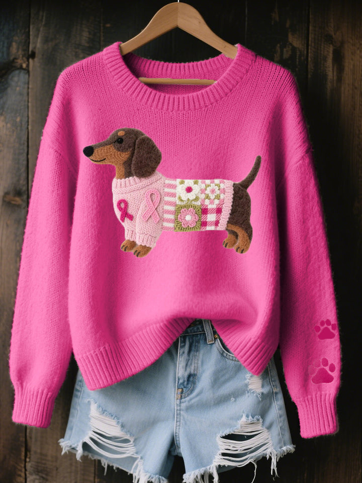 Relaxed Knit Sweater with Dachshund and Paw Print Detail