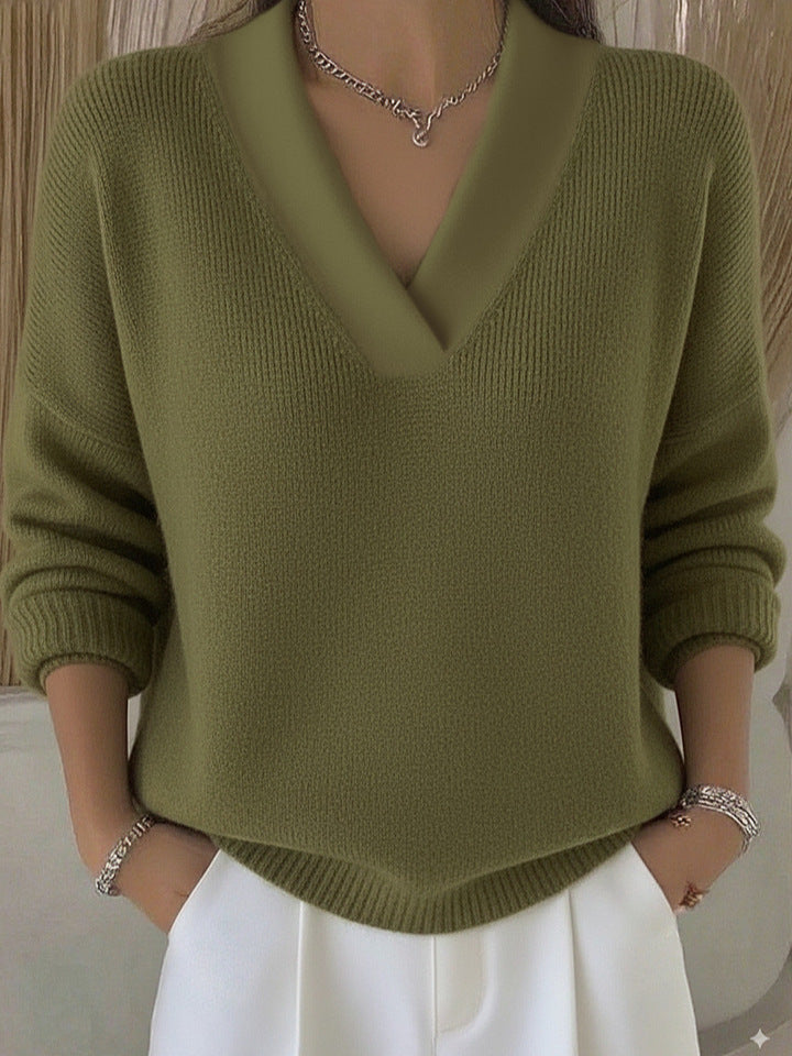 Relaxed Knit Sweater with Deep V-Neckline and Ribbed Hem