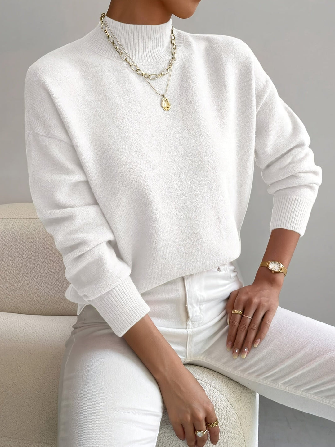 Relaxed Knit Sweater with Mock Neck and Ribbed Cuffs