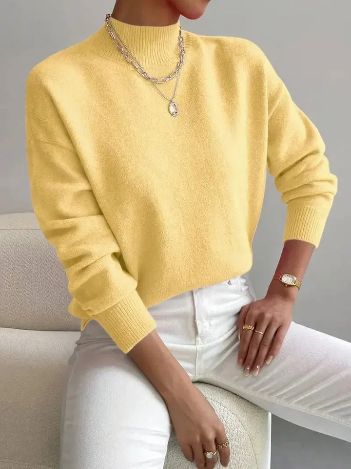 Relaxed Knit Sweater with Mock Neck and Ribbed Cuffs