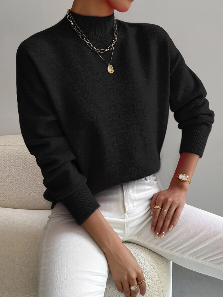 Relaxed Knit Sweater with Mock Neck and Ribbed Cuffs