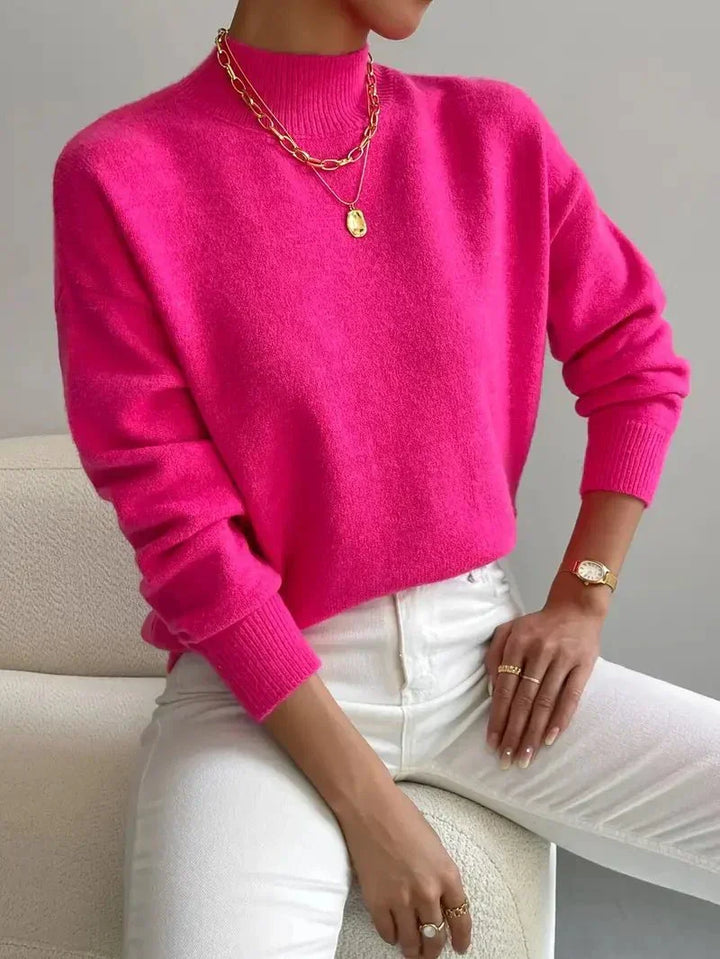 Relaxed Knit Sweater with Mock Neck and Ribbed Cuffs