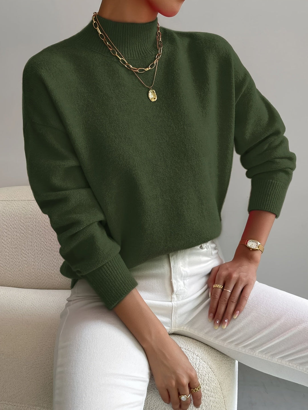 Relaxed Knit Sweater with Mock Neck and Ribbed Cuffs