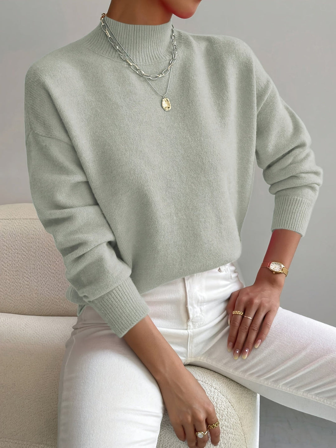 Relaxed Knit Sweater with Mock Neck and Ribbed Cuffs
