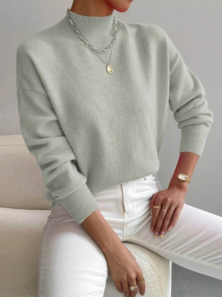 Relaxed Knit Sweater with Mock Neck and Ribbed Cuffs
