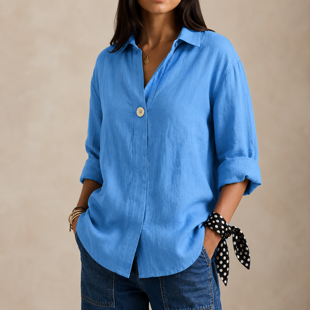 Relaxed Linen Blouse with V-Neckline and Single Button