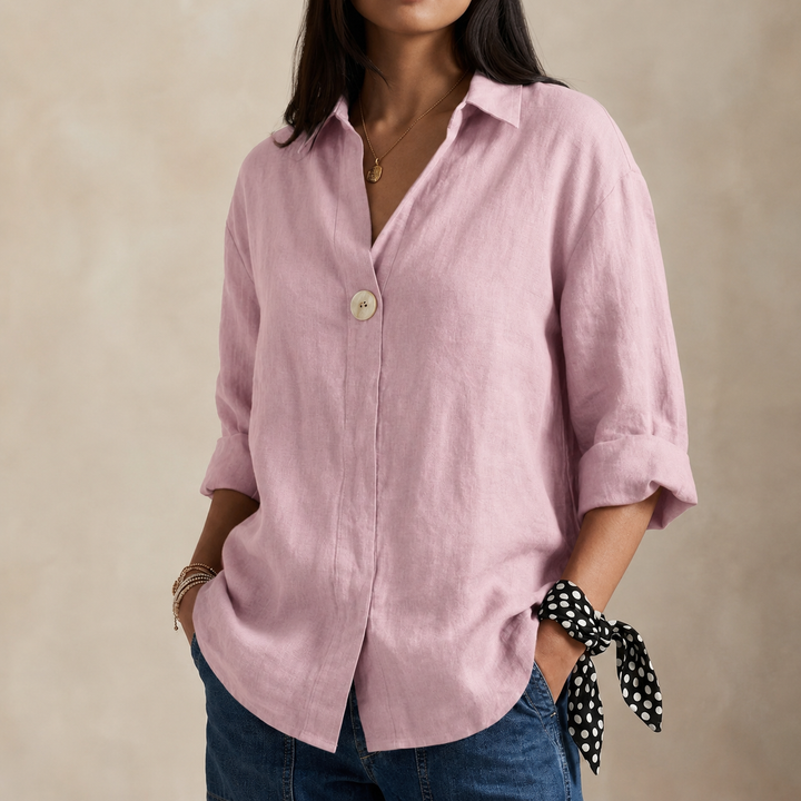Relaxed Linen Blouse with V-Neckline and Single Button