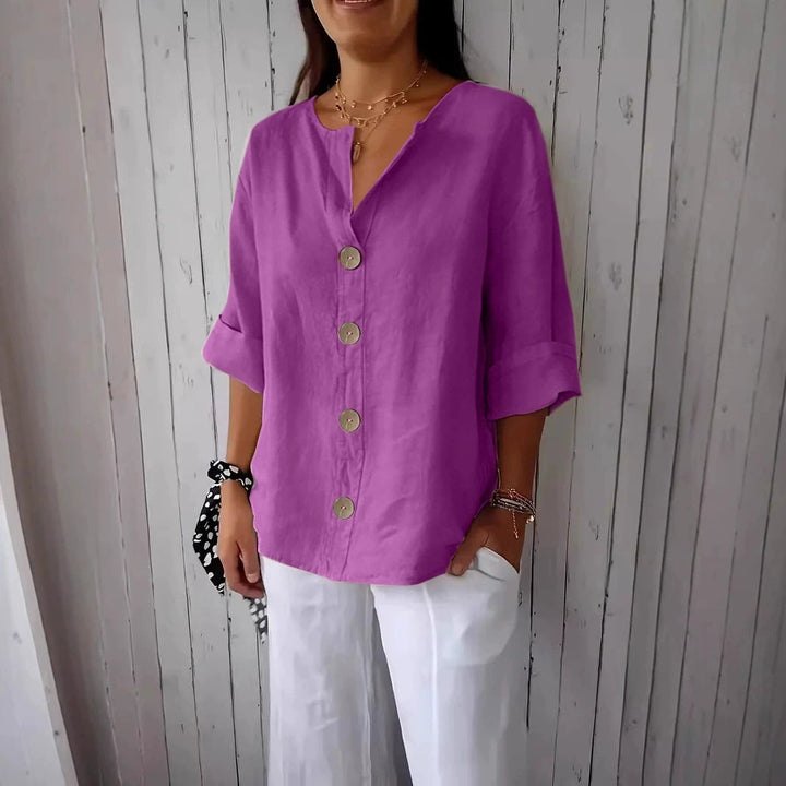 Relaxed Linen Button Up Blouse with V-Neckline and Roll Sleeves