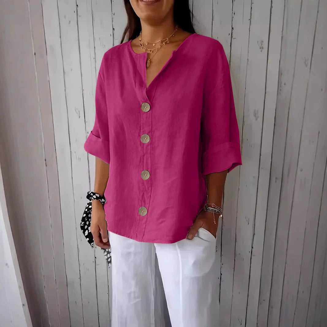 Relaxed Linen Button Up Blouse with V-Neckline and Roll Sleeves