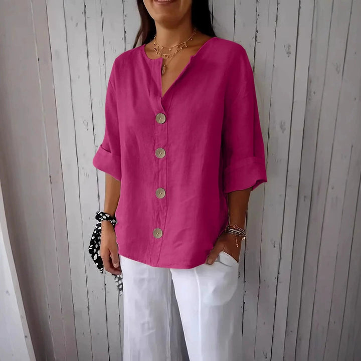 Relaxed Linen Button Up Blouse with V-Neckline and Roll Sleeves