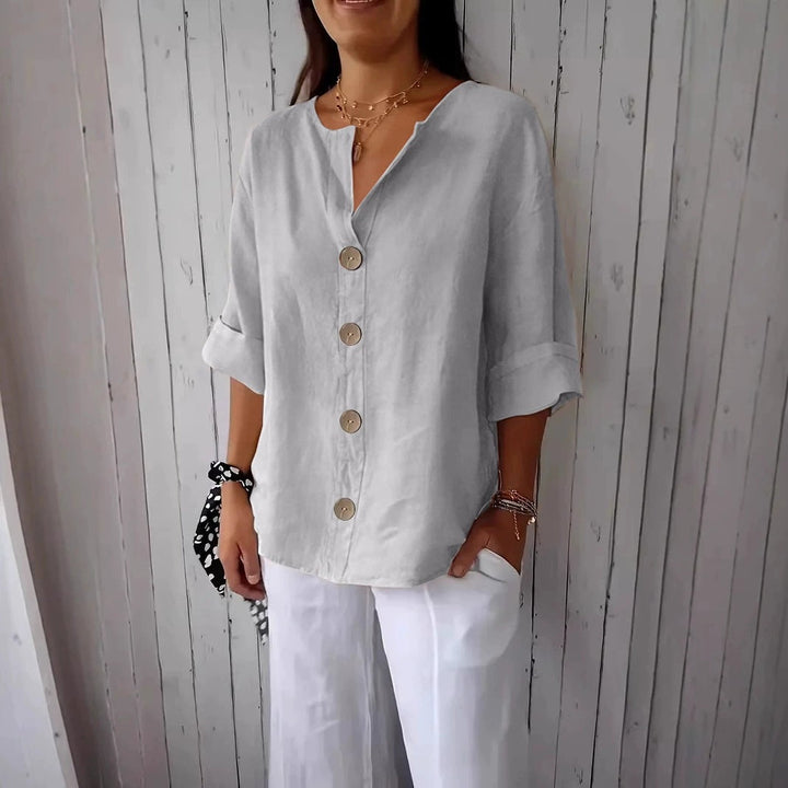 Relaxed Linen Button Up Blouse with V-Neckline and Roll Sleeves