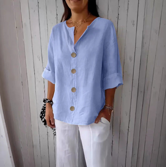 Relaxed Linen Button Up Blouse with V-Neckline and Roll Sleeves
