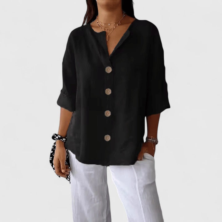Relaxed Linen Button Up Blouse with V-Neckline and Roll Sleeves