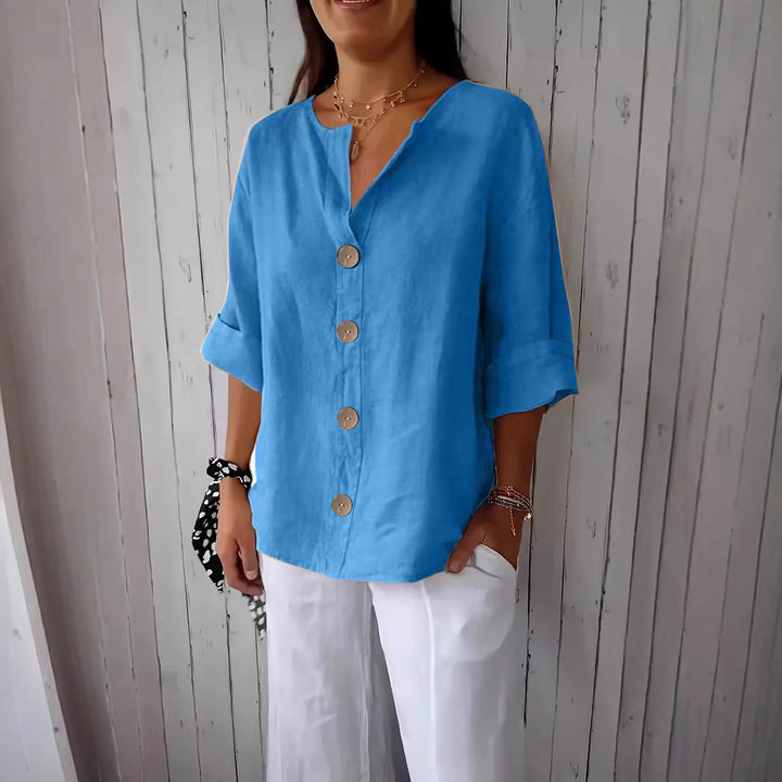 Relaxed Linen Button Up Blouse with V-Neckline and Roll Sleeves