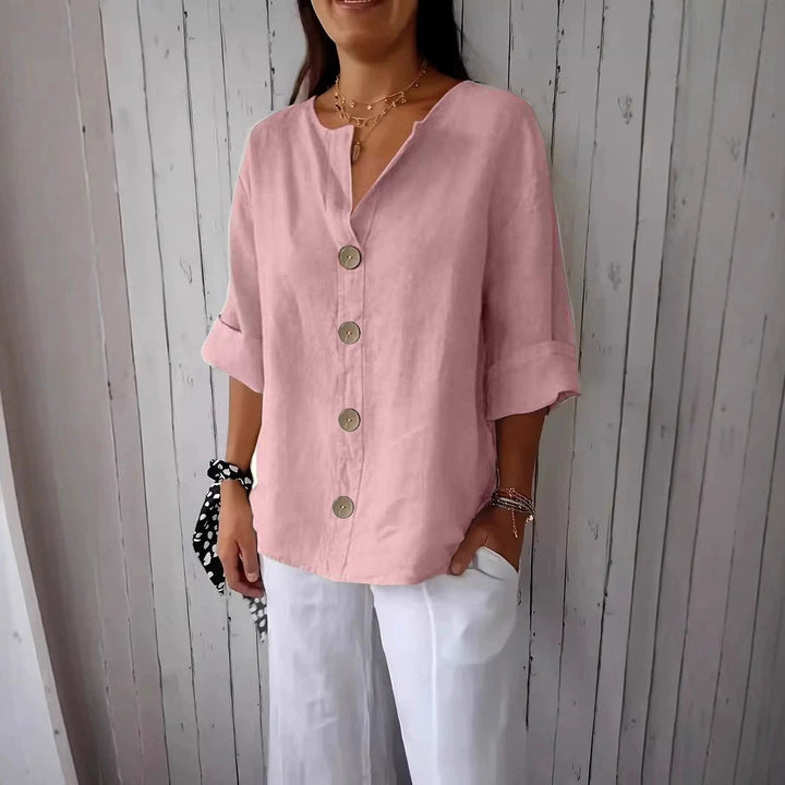 Relaxed Linen Button Up Blouse with V-Neckline and Roll Sleeves