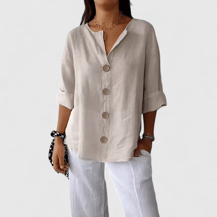 Relaxed Linen Button Up Blouse with V-Neckline and Roll Sleeves