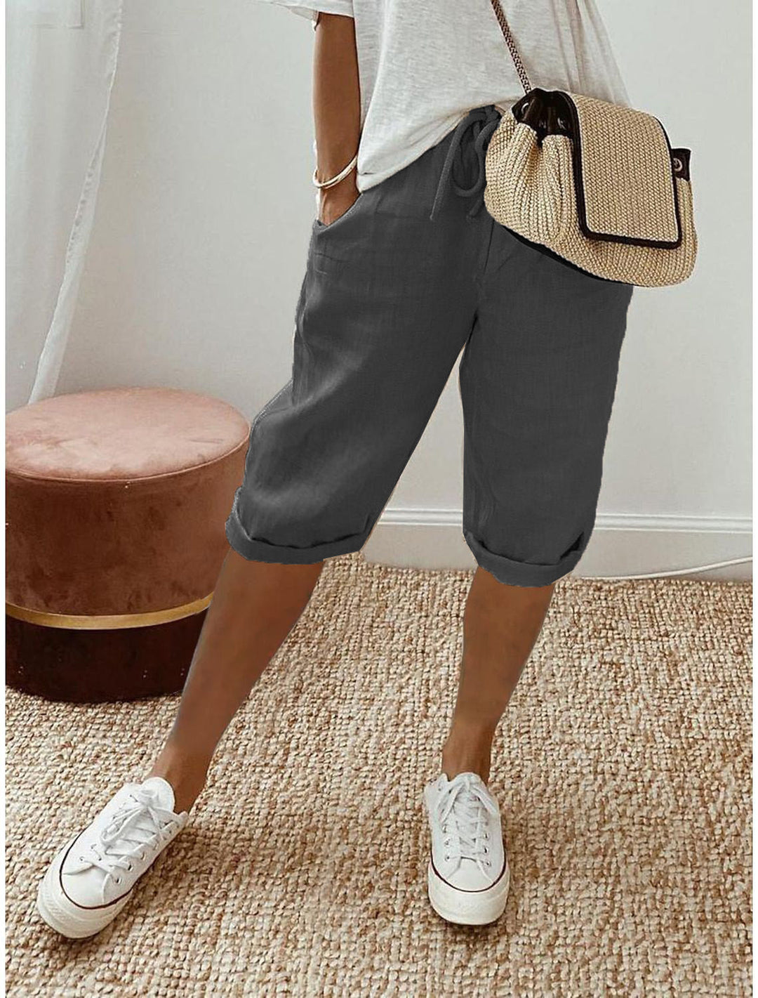 Relaxed Linen Cropped Trousers with Elasticated Waist and Drawstring