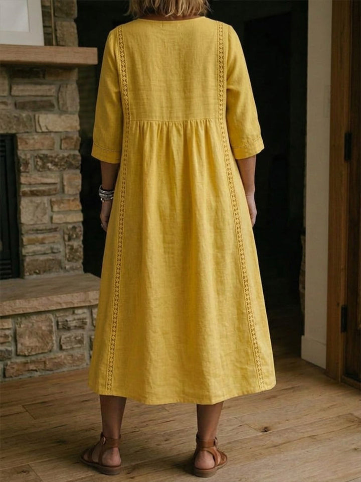 Relaxed Linen Midi Dress with V-Neckline and Lace Trim Detail