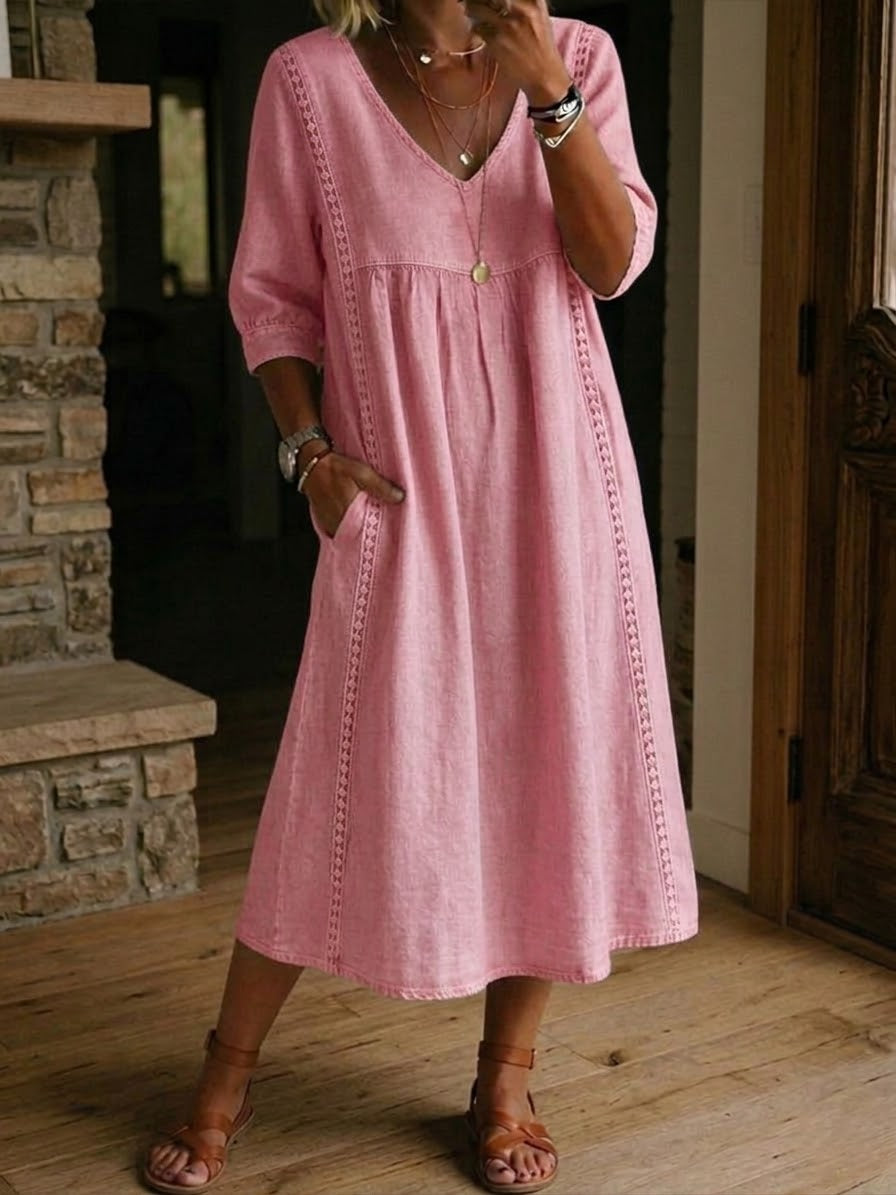 Relaxed Linen Midi Dress with V-Neckline and Lace Trim Detail