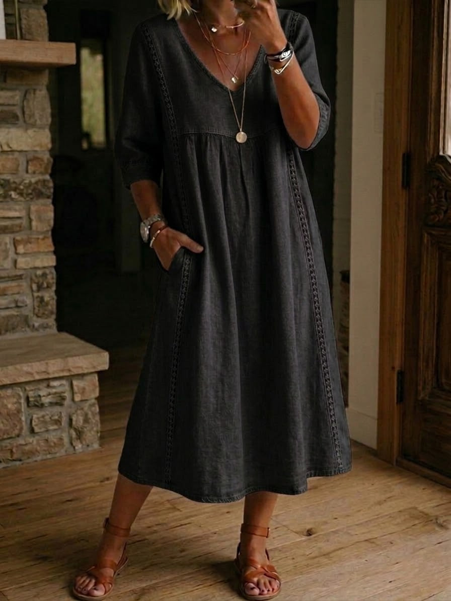 Relaxed Linen Midi Dress with V-Neckline and Lace Trim Detail