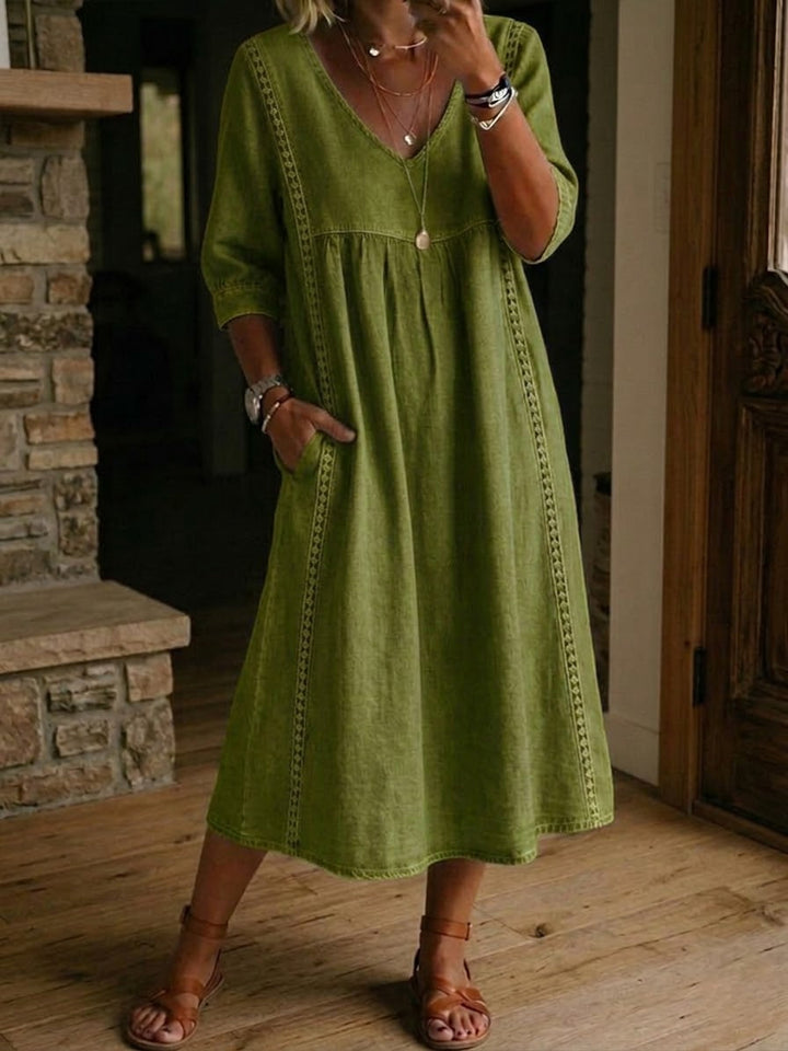 Relaxed Linen Midi Dress with V-Neckline and Lace Trim Detail
