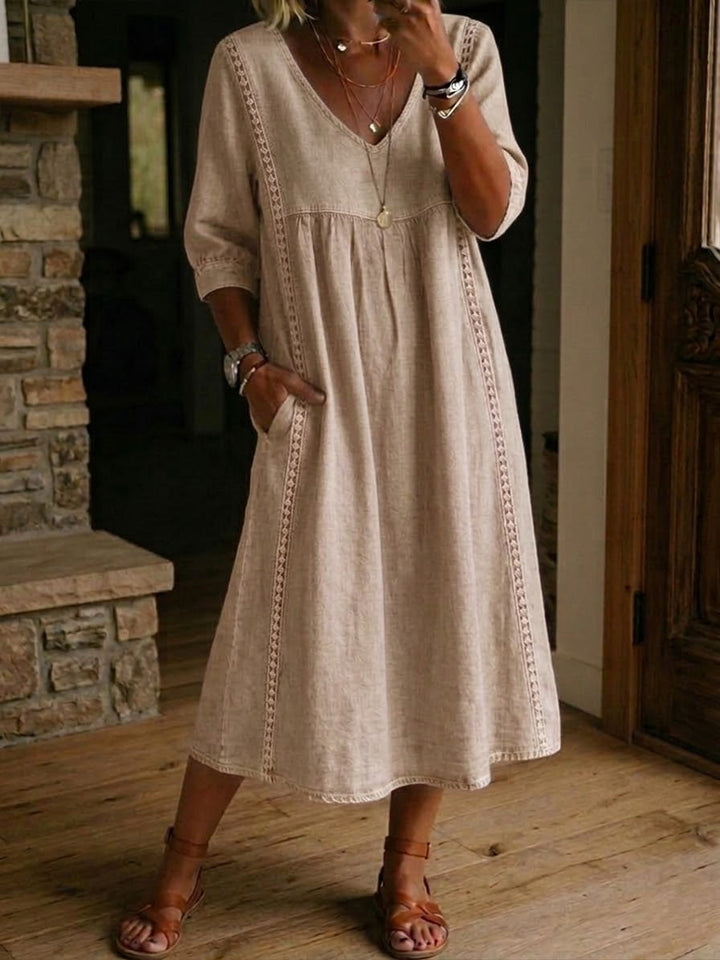 Relaxed Linen Midi Dress with V-Neckline and Lace Trim Detail