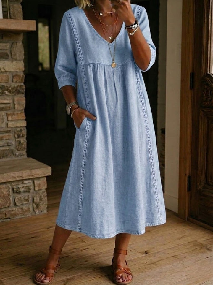 Relaxed Linen Midi Dress with V-Neckline and Lace Trim Detail