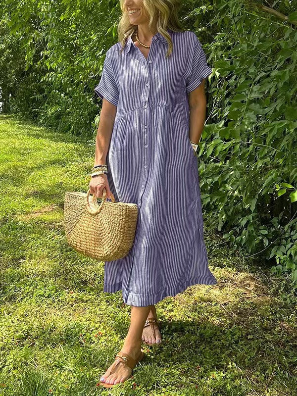 Relaxed Linen Shirt Midi Dress with Short Sleeves and Pockets