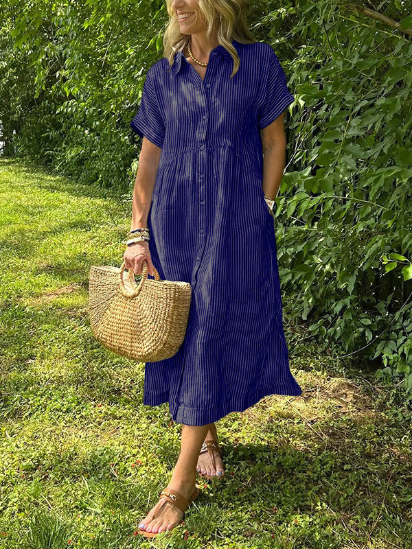 Relaxed Linen Shirt Midi Dress with Short Sleeves and Pockets