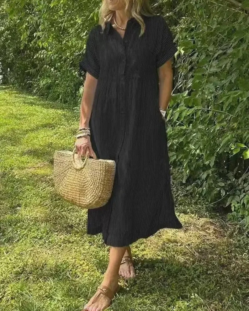 Relaxed Linen Shirt Midi Dress with Short Sleeves and Pockets