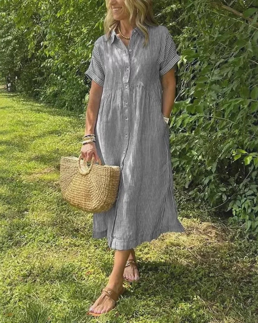 Relaxed Linen Shirt Midi Dress with Short Sleeves and Pockets