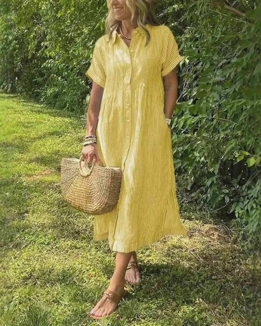 Relaxed Linen Shirt Midi Dress with Short Sleeves and Pockets